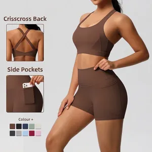 Women Yoga Bra And Pockets Shorts Nylon Spandex Double Sided Brushed High Waist Breathable Workout Fitness Running Pilates