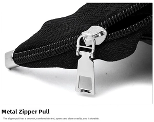 Detail of a shiny silver metal trapezoid zipper on a black PU leather tote bag