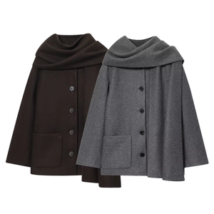 Women Woolen Coat With Integrated Scarf Design Scarf Collar Single Breasted Mid Length Casual Solid Color Outerwear