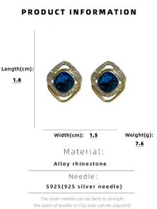 Detailed size chart for square rhinestone stud earrings with S925 silver needles