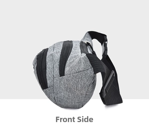 Detailed side view of grey waterproof waist bag with three zipped layers and strap