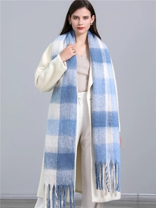 Detailed close-up of soft blue and white checkered knit scarf with decorative fringe tassels
