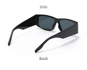 Detailed side and back view of oversized black square sunglasses with wide temples