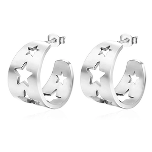 Polished silver stainless steel C-shaped hoop earrings with hollow star pattern designs