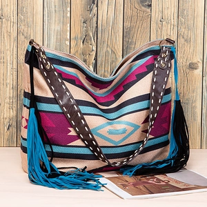 Detailed shot of bohemian woven tote bag with geometric patterns and tassel accents