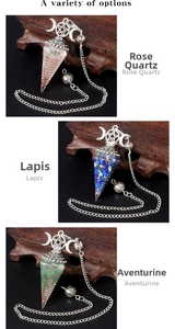 Three-piece set of hexagonal resin crystal pendulums with copper spiral and crescent moon