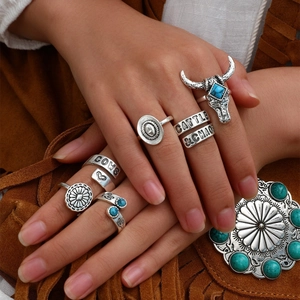 Vintage bohemian turquoise ring set featuring western cowboy style in antique silver finish