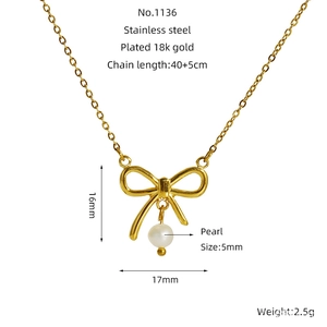 Detailed dimensions of 18k gold plated bow and pearl necklace pendant with chain length