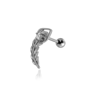 Detailed view of silver stainless steel feather earring with a small round diamond