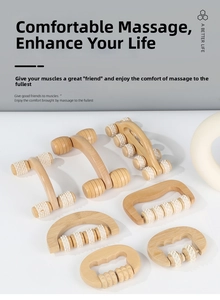 Detailansicht manueller Holzmassagegeräte mit Rollen zur Linderung von Muskelspannungen