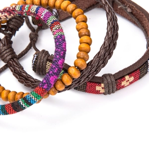 Bohemian multilayer bracelet set with colorful woven patterns, wood beads and brown leather