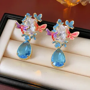 Vintage Enamel Butterfly Teardrop Statement Earrings With Zircon And Silver Earring Post Retro Copper Jewelry For Women