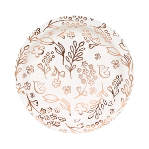 Rose gold floral paper plate set with metallic leaf and bird motifs for birthday parties