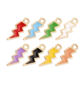 Set of eight colorful enamel lightning bolt charms with golden metal borders on white background