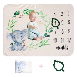 Detail der Baby-Meilensteindecke mit Elefantenmotiv und Blattmarker für monatliche Fotos