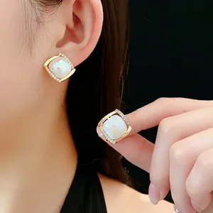 Square Stud Earrings Alloy Iridescent Resin Rhinestone With Silver Earring Post Vintage Luxury Style For Women