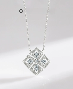 Macro shot of S925 silver necklace with sparkling zircon flower pendant in windmill shape