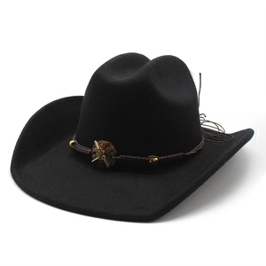 Classic black wide-brim western cowboy hat with brown woven rope and metal cross ornament