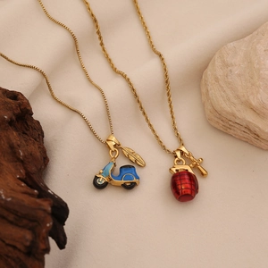Golden motorcycle and grenade pendant necklaces with colorful enamel on twist chain