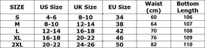 Detailed size chart for women's high-waisted floral pants with US, UK, and EU measurements