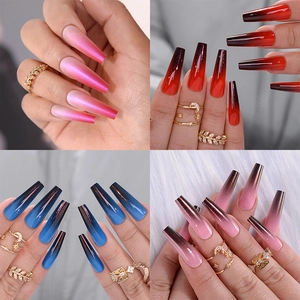Long Coffin Press On Nails Gradient Ombre Glitter Glossy Artificial False Nail Tips For Women With Jelly Glue And File
