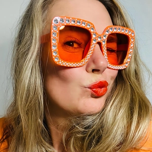Sparkly orange square oversized sunglasses with rhinestones and tinted lenses for women