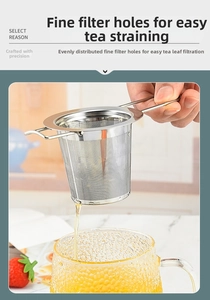 Close-up of dual-handle 304 stainless steel tea infuser filtering tea leaves in a glass cup