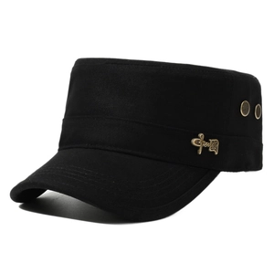 Classic black military flat top hat with gold metal calligraphy emblem on white background