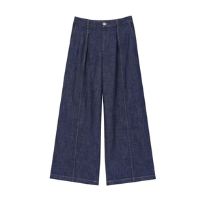 Pantaloni da donna a gamba larga in denim blu scuro a vita alta con cuciture