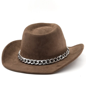 Detailed close-up of brown suede cowboy hat with stylish thick silver metal chain