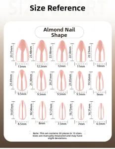 Size chart showing 30 almond shaped pink press-on nails in 15 different size variations