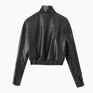 Back view of a sleek black faux leather cropped jacket for women featuring tailored seams