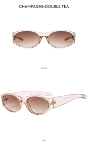 Champagne oval sunglasses with gradient tea lenses in positive and side views