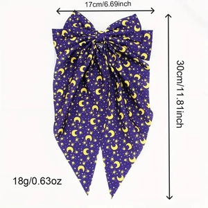 Detailed size specifications for the purple moon and star bow hair clip accessory