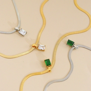Rectangular Zircon Pendant Necklace Stainless Steel Flat Snake Bone Chain Elegant Jewelry For Women Fashion Accessory Gift