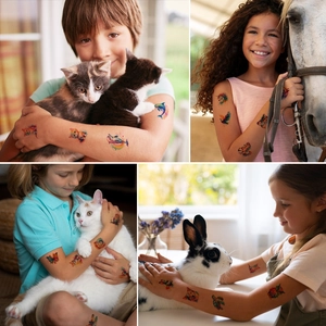 Colorful waterproof animal temporary tattoos for kids featuring cats and butterflies
