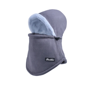 Grey fleece winter hood with warm light blue lining and windproof drawstring adjustment