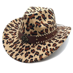 Western Cowboy Hat Animal Leopard Cow Print Wide Brim Felt Fedora Star Badge Leather Band Retro Party Accessory