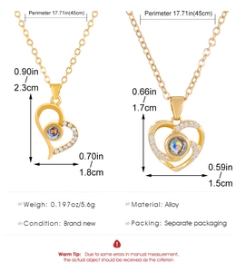 Detailed dimensions of gold heart projection necklaces with alloy material and cubic zirconia