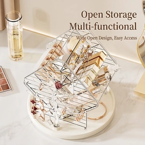 Rotating tiered makeup organizer for cosmetics and jewelry with elegant silver metal frame