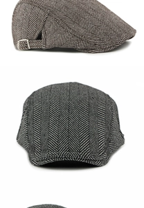 Detail view of herringbone wool blend newsboy cap with metal adjustable side buckle