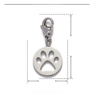 Detail showing dimensions of stainless steel paw print pendant with lobster clasp