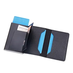 Men's leather RFID wallet with lychee pattern and automatic metal pop-up card mechanism