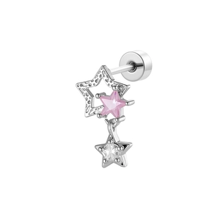 Hammered silver hollow star cartilage piercing with pink and clear zircon crystals