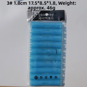 Detailed view of blue 1.8cm diameter hair cold wave rods in 12-piece plastic bag packaging