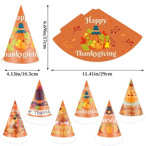 Dimensions for Happy Thanksgiving party hat made of white cardstock with turkey and pumpkin