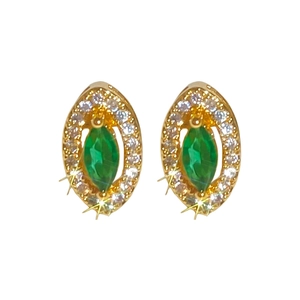 Vintage gold stud earrings with oval green zircon center and white crystal halo