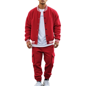 Detail of red varsity jacket with striped collar and cargo joggers set for men