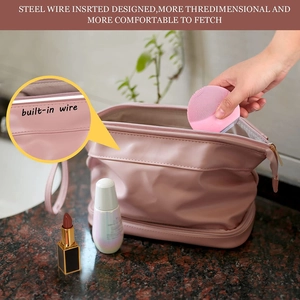 Rosa Kosmetiktasche aus PU mit Stahldrahtverstärkung für stabile Form und Zugriff