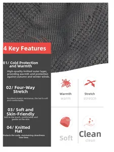Detail view of dark grey knit hat showing high elasticity and soft thermal fabric